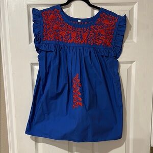 Blue and Red Embroidered Kids Top